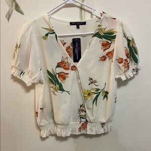 One Clothing White Cream Floral Ruffled Wrap Cropped Blouse